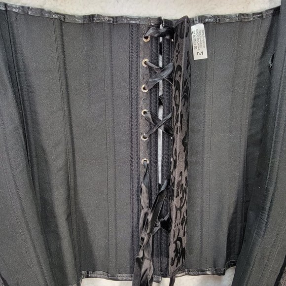 Black Floral Satin Gothic Strapless Steampunk Buckle Lace Up Sexy Bustier Corset - Picture 8 of 15